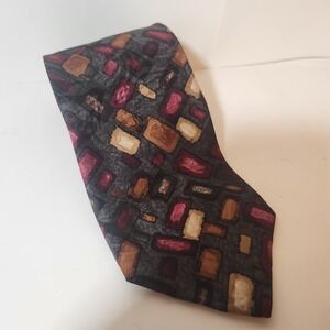 Charter Collection Mens Silk Tie Burgundy Gold Grey Abstract Geometric Mosaic
